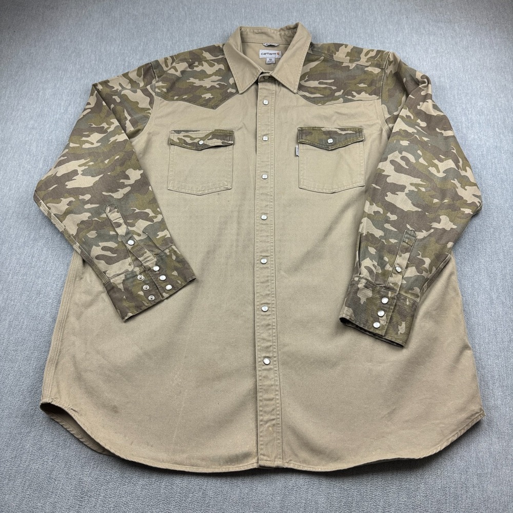 Carhartt Shirt Men 3XL Tall Brown Camo Twill Western Pearl Snap Heavyweight Work